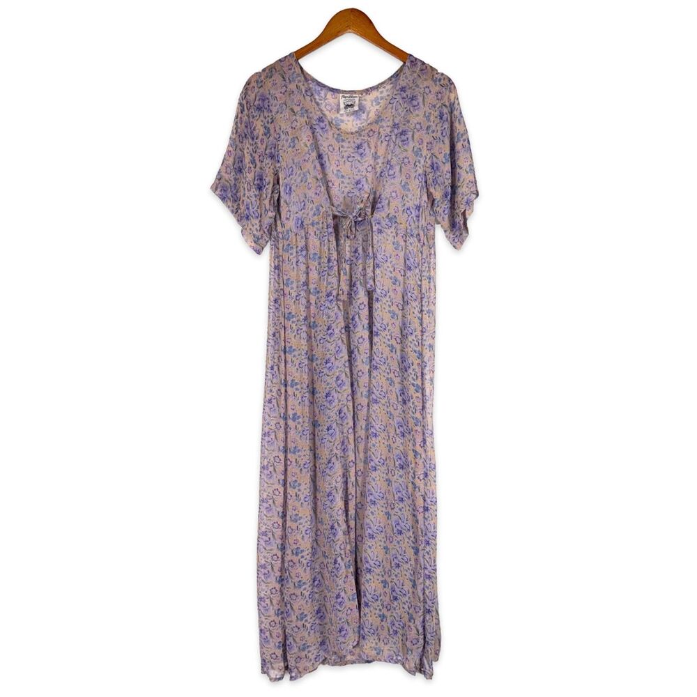 Vintage Boho Floral Maxi Dress Sheer Rayon Tie Waist Cottagecore 90s Y2K M